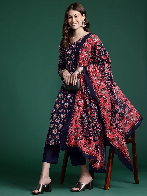 Women Navy Blue Printed A-Line Kurta Trousers With Dupatta Set Trousers trendy modern Women Navy Blue Printed A-Line Kurta Trousers With Dupatta Set Trousers trendy modern