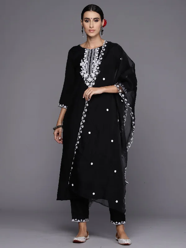 Women Black Embroidered Straight Kurta Trousers With Dupatta Set Trousers Designer Luxury Women Black Embroidered Straight Kurta Trousers With Dupatta Set Trousers Designer Luxury