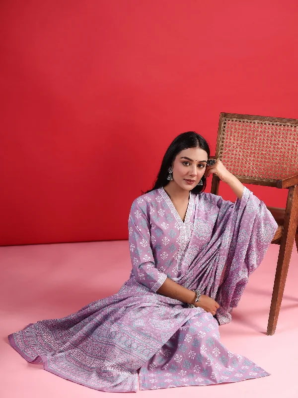 Women Lavender Printed Straight Kurta Trousers With Dupatta Set Trousers Bootcut Casual Women Lavender Printed Straight Kurta Trousers With Dupatta Set Trousers Bootcut Casual