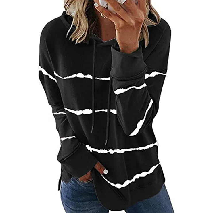 Women's Striped Printed Long Sleeve Drawstring Pullover Hoodie Saggy Sleeve Comfort