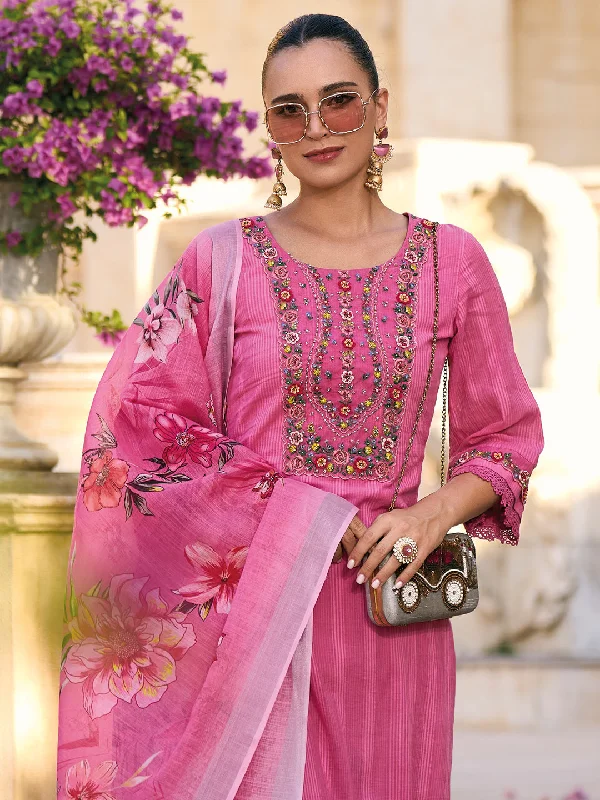 Women Pink Embroidered Straight Kurta Trousers With Dupatta Set Trousers Favorite Customer