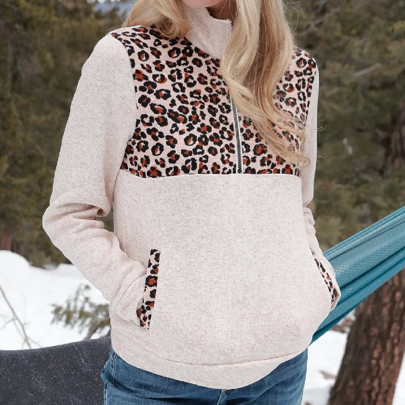 Cruel Women's 1/2 Zip Cream & Leopard Print Sweater Knit Pullover High Neck Pullover Cruel Women's 1/2 Zip Cream & Leopard Print Sweater Knit Pullover High Neck Pullover