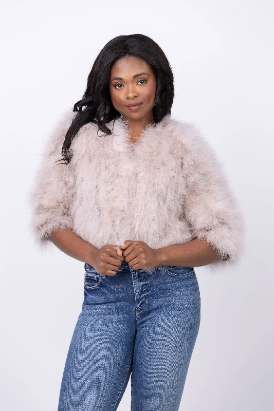Linda Richards Feather Bolero Jacket in Taupe Hoodie Zip-Up Jacket Button-Up Jacket