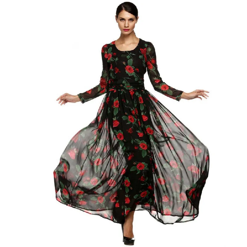 Dress Fashion Women Ladies Tunic Maxi Long Chiffon Dress Long Sleeve Floral Rose Dress Plus Size Dress Fashion Women Ladies Tunic Maxi Long Chiffon Dress Long Sleeve Floral Rose Dress Plus Size