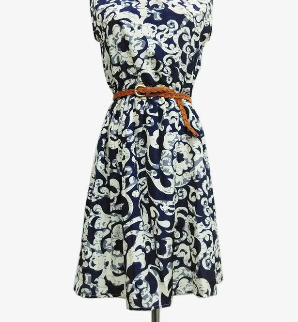 20 Colors Fashion Women Sleeveless Round Neck Florals Waistband Print Dress