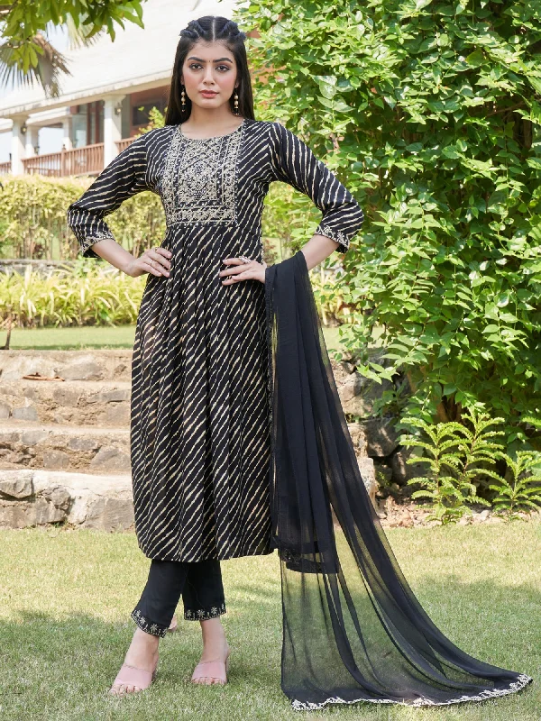 Women Black Embroidered A-Line Kurta Trousers With Dupatta Set Trousers Pleated Formal Women Black Embroidered A-Line Kurta Trousers With Dupatta Set Trousers Pleated Formal