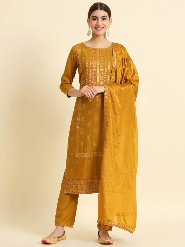 Women Round Neck Gold Zari Woven Fabric Kurta Trouser And Dupatta Set Trousers Bridal Satin Women Round Neck Gold Zari Woven Fabric Kurta Trouser And Dupatta Set Trousers Bridal Satin