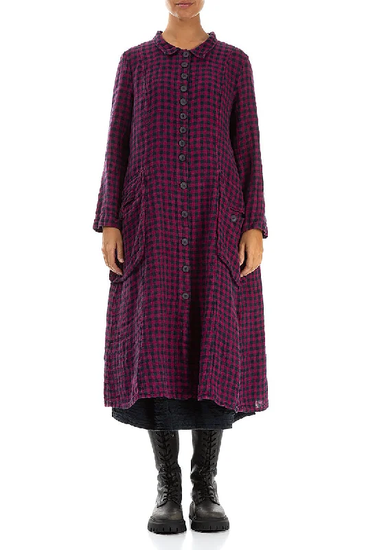 Stylish Long Magenta Check Linen Jacket Knit Fabric Woven Fabric Fleece Fabric