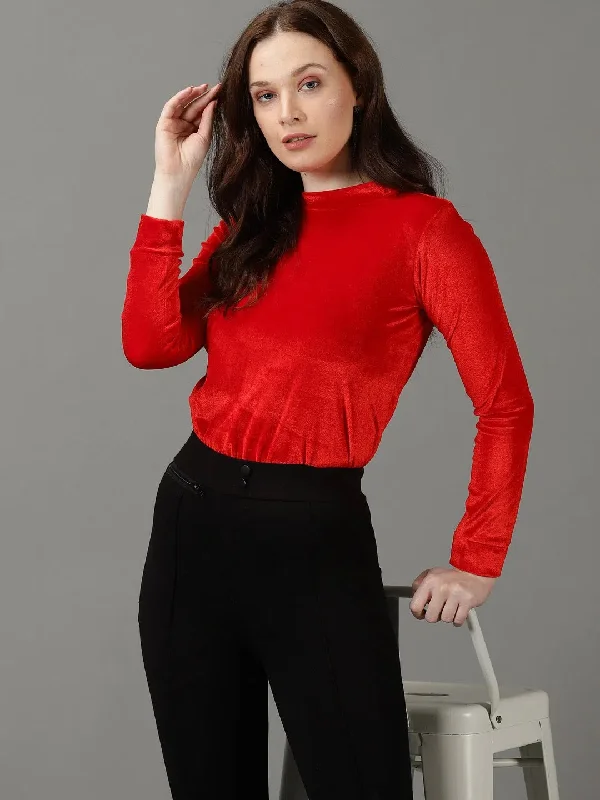 Women's Red Solid Pullover Sweatshirt-AE-10189-Red Box Sleeve Comfort