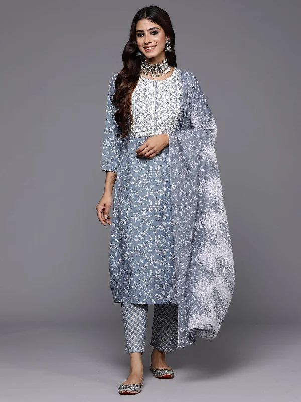 Women Grey Embroidered Straight Kurta Trousers With Dupatta Set Trousers Pleated Formal Women Grey Embroidered Straight Kurta Trousers With Dupatta Set Trousers Pleated Formal