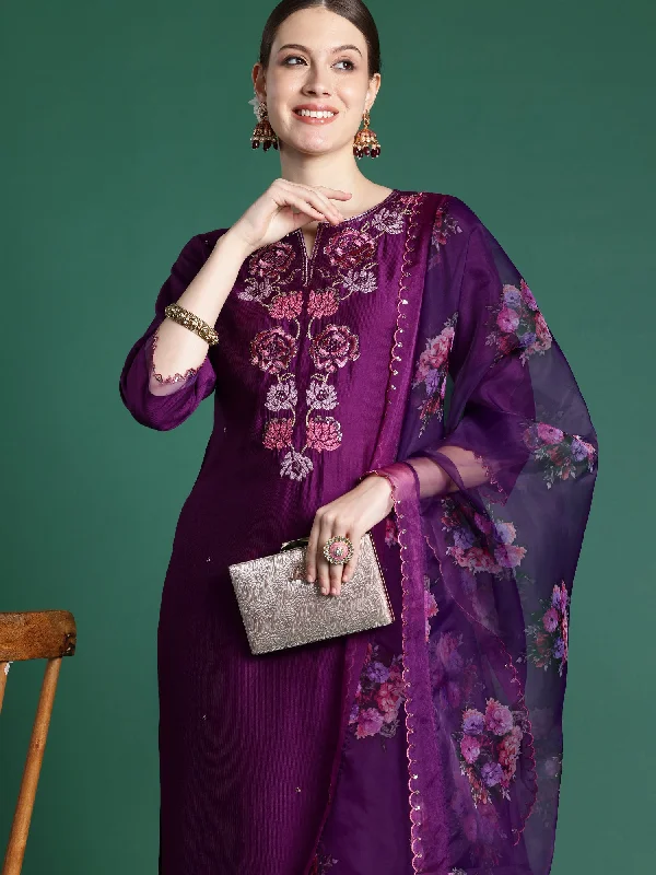 Women Purple Embroidered Straight Kurta Trousers Set Trousers Spring Floral
