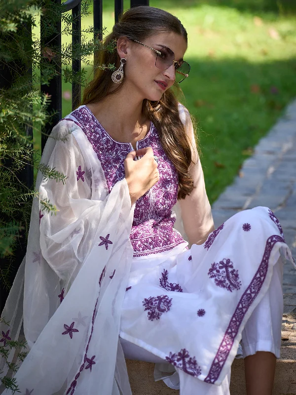 Women White Embroidered Straight Kurta Trousers With Dupatta Set Trousers Custom Made Women White Embroidered Straight Kurta Trousers With Dupatta Set Trousers Custom Made