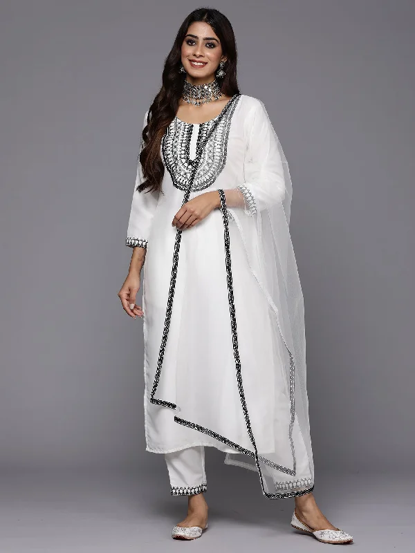 Women White Embroidered Straight Kurta Trousers With Dupatta Set Trousers Modern Contemporary Women White Embroidered Straight Kurta Trousers With Dupatta Set Trousers Modern Contemporary