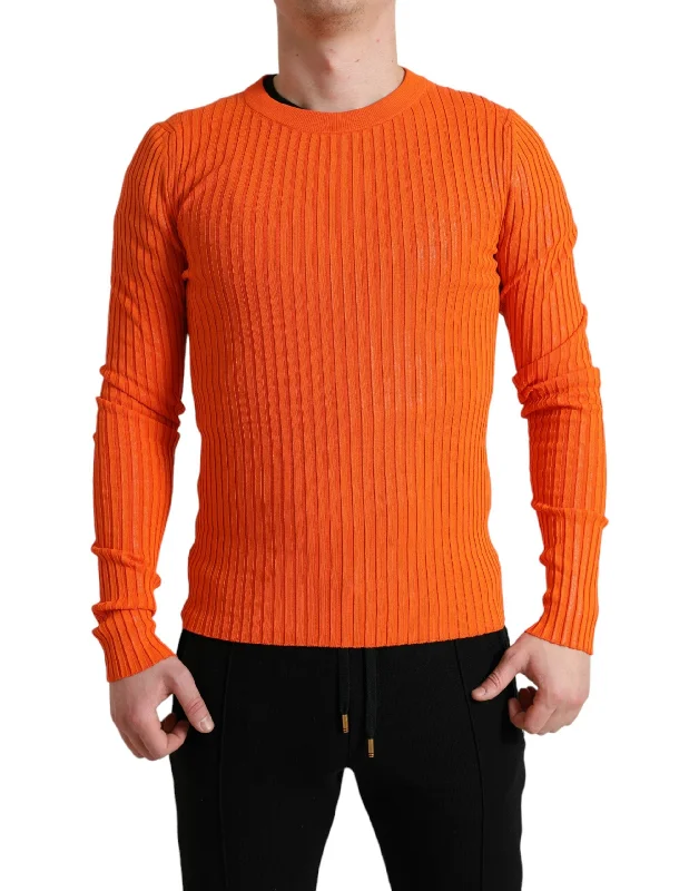 Sleek Sunset Orange Knitted Pullover Sweater Zipper Front Cardigan