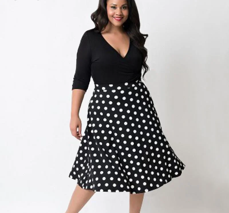 Tonval 5XL Women Vintage Polka Dot Dress Autumn Plus Size 4XL Clothing Deep V Neck Black Vestidos Casual Swing Dresses Tonval 5XL Women Vintage Polka Dot Dress Autumn Plus Size 4XL Clothing Deep V Neck Black Vestidos Casual Swing Dresses