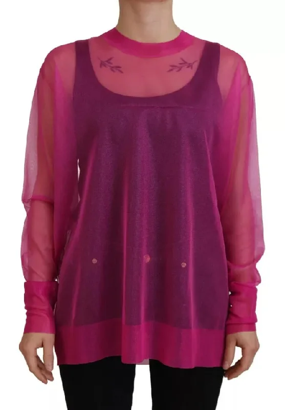 Fuchsia Polyester Crewneck Pullover Sweater Bardot Neck Top