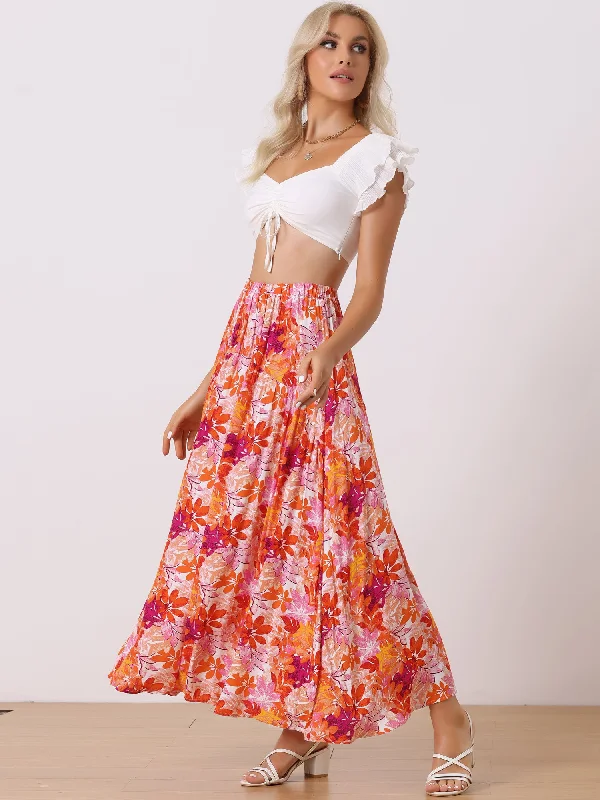 Floral Elastic High Waist Bohemian Beach Maxi Skirt velvet skirt glossy