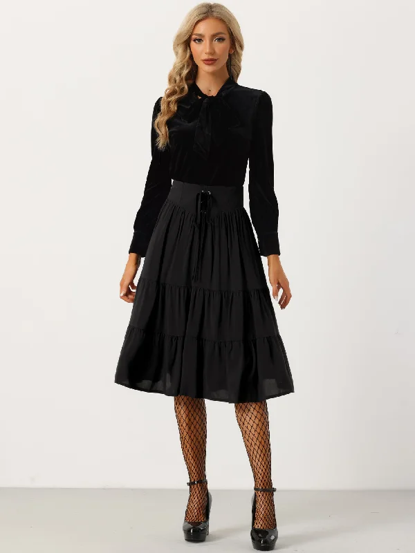 Tiered A-Line Skirt Lace Up Elastic Waist Flare Swing Midi Skirt high slit skirt