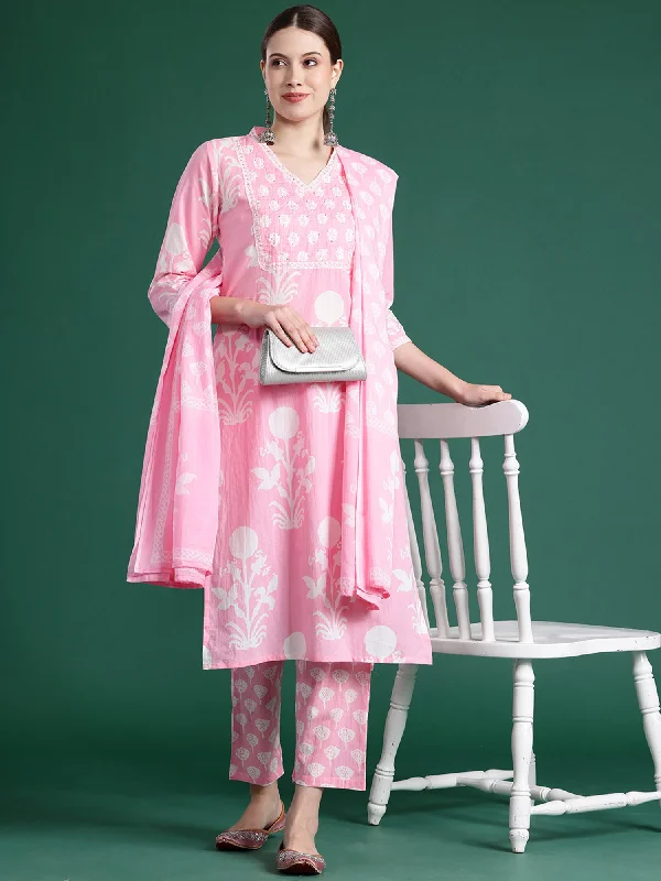 Women Pink Printed Straight Kurta Trousers With Dupatta Set Trousers Formal Black