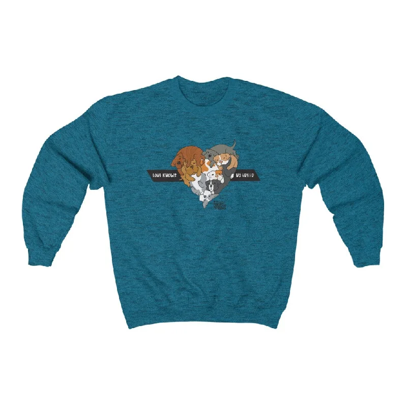 Love Knows No Breed Brindle | Unisex Heavy Blend™ Crewneck Sweatshirt Hoodie with Hem Frayed Vintage Worn Love Knows No Breed Brindle | Unisex Heavy Blend™ Crewneck Sweatshirt Hoodie with Hem Frayed Vintage Worn