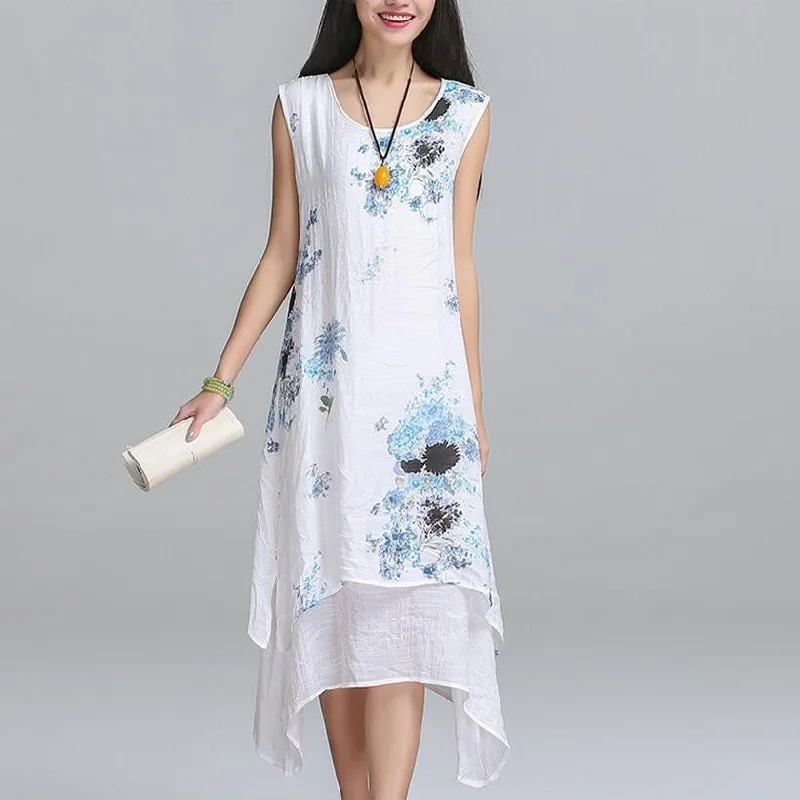 Summer dress Fashion sleeveless women dress casual cotton Linen dress Printed o-neck Summer dress Fashion sleeveless women dress casual cotton Linen dress Printed o-neck