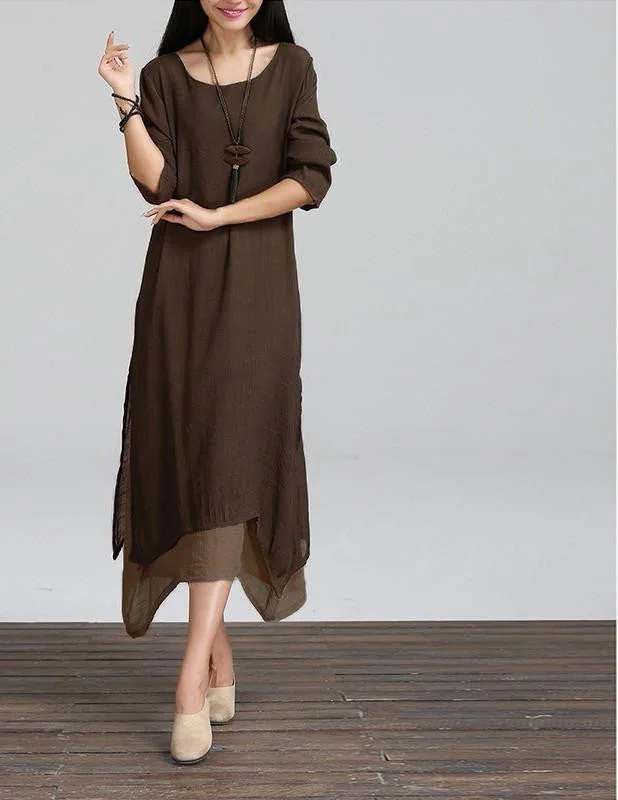Women Cotton Linen Vintage Dress Ladies O Neck Full Sleeve Casual Loose Boho Mid-calf Dresses Vestidos Plus Size