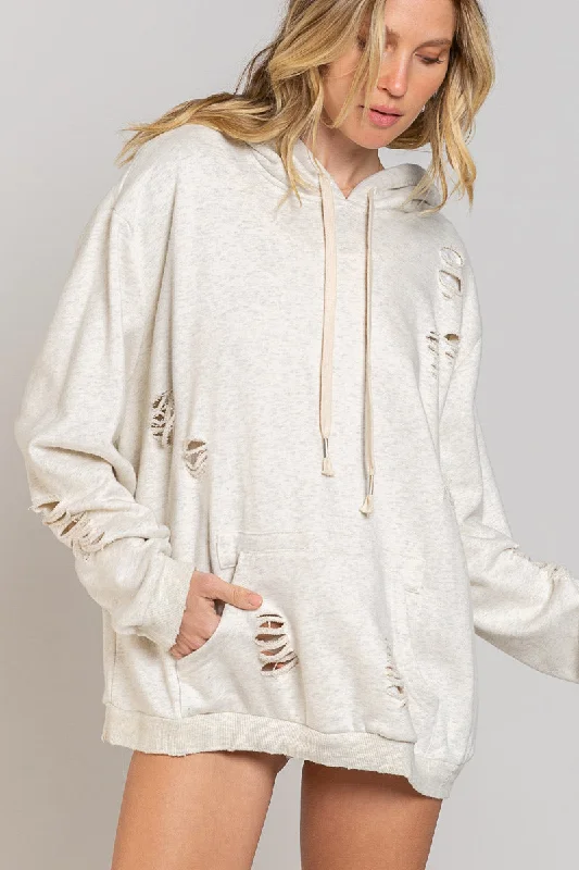 Distressed Drawstring Hoodies Hoodie with Hidden Zipper Minimalist Clean