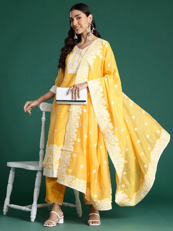 Women Yellow Woven Design Straight Kurta Trousers With Dupatta Set Trousers Fleece Cozy Women Yellow Woven Design Straight Kurta Trousers With Dupatta Set Trousers Fleece Cozy