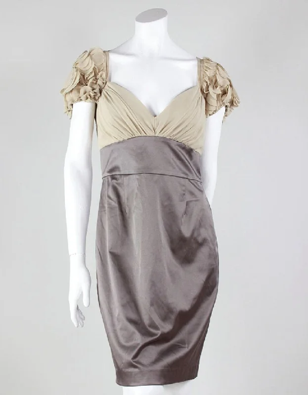 Black Halo Tan Pleated Bodice With Slate Satin Feel Skirt vintage skirt charm