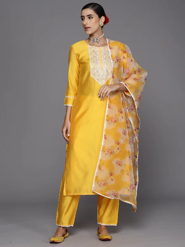 Women Yellow Embroidered Straight Kurta Trousers With Dupatta Set Trousers Versatile Stylish Women Yellow Embroidered Straight Kurta Trousers With Dupatta Set Trousers Versatile Stylish