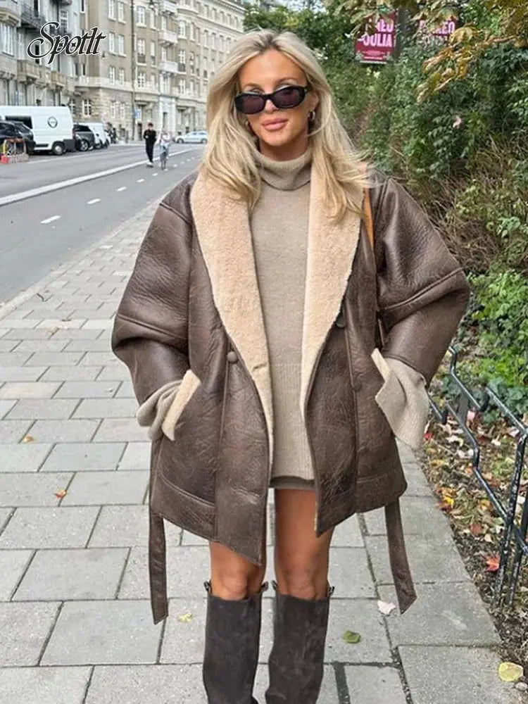FZ Women's Sheepskin Neck Spliced Faux Leather Thicken Street Jacket Satin Jacket Silk Jacket Chiffon Jacket FZ Women's Sheepskin Neck Spliced Faux Leather Thicken Street Jacket Satin Jacket Silk Jacket Chiffon Jacket