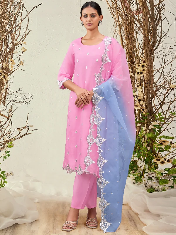 Women Pink Straight Embroidered Kurta Trousers With Dupatta Set Trousers chic fashionable Women Pink Straight Embroidered Kurta Trousers With Dupatta Set Trousers chic fashionable