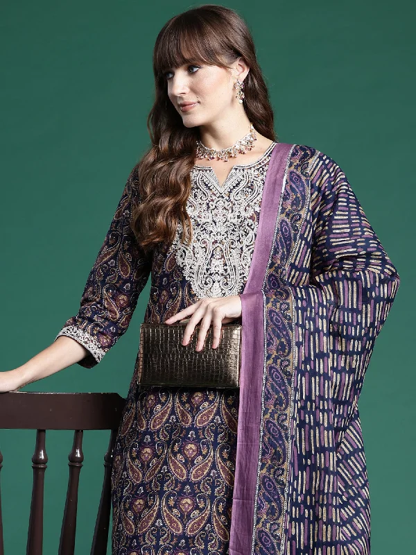 Women Navy Blue Printed Straight Kurta Trousers With Dupatta Set Trousers Wedding White Women Navy Blue Printed Straight Kurta Trousers With Dupatta Set Trousers Wedding White