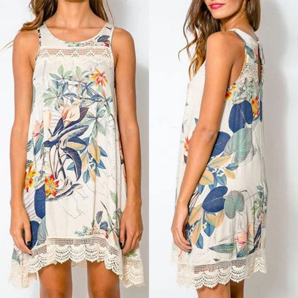 Casual Women Dress Boho Crewneck Floral Lace Crochet Sleeveless Beach Dresses