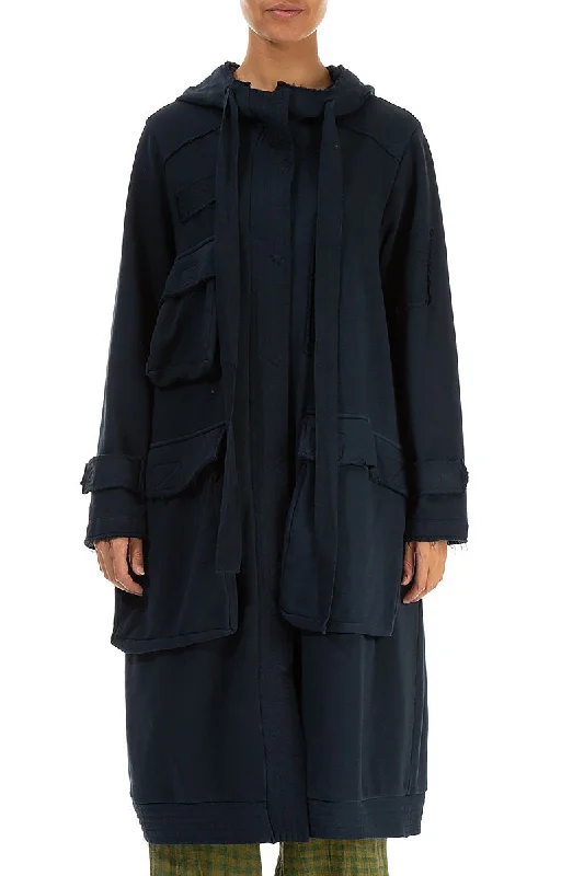Hooded Three Pockets Midnight Blue Cotton Jacket Fleece Fabric Down Fabric Feather Fabric Hooded Three Pockets Midnight Blue Cotton Jacket Fleece Fabric Down Fabric Feather Fabric