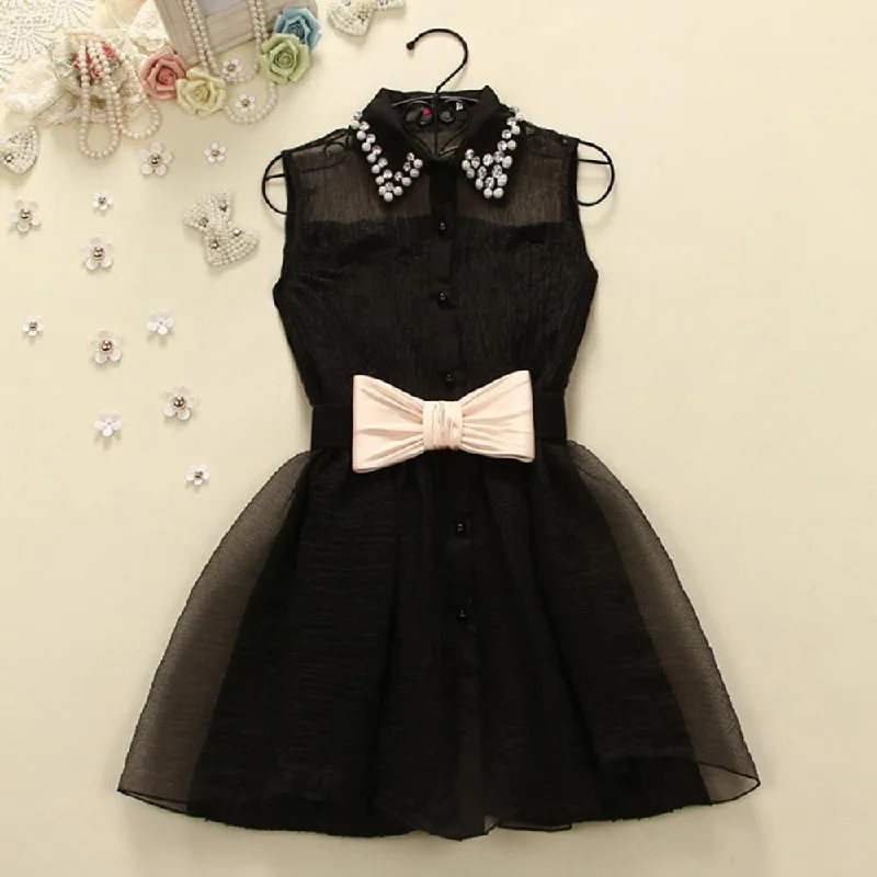 Summer Women Bow Belt Pearl Diamond Dress Lapel Collar Sleeveless Gauze Dresses QL90 Summer Women Bow Belt Pearl Diamond Dress Lapel Collar Sleeveless Gauze Dresses QL90