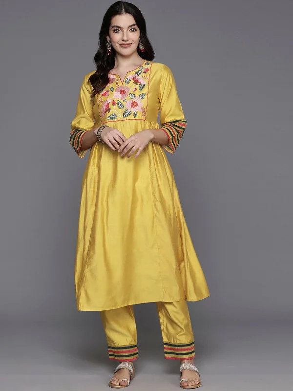 Women Yellow Embroidered A-Line Kurta Trousers  Set Trousers Favorite Customer