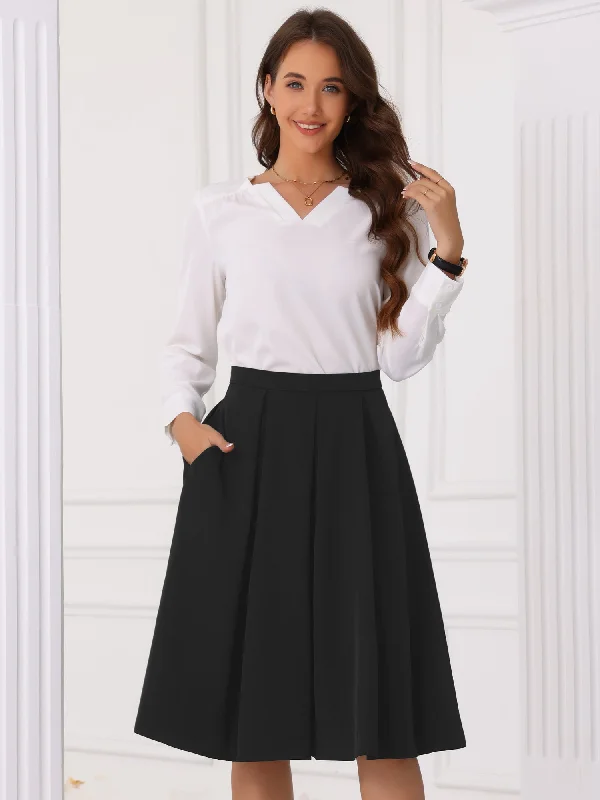 Solid Color Flare Pleated Pocketde Midi Skirt denim skirt stylish