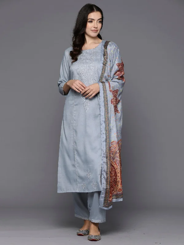 Women Grey Embroidered Straight Kurta Trousers With Dupatta Set High Waist Slim Fit Ankle Length Women Grey Embroidered Straight Kurta Trousers With Dupatta Set High Waist Slim Fit Ankle Length