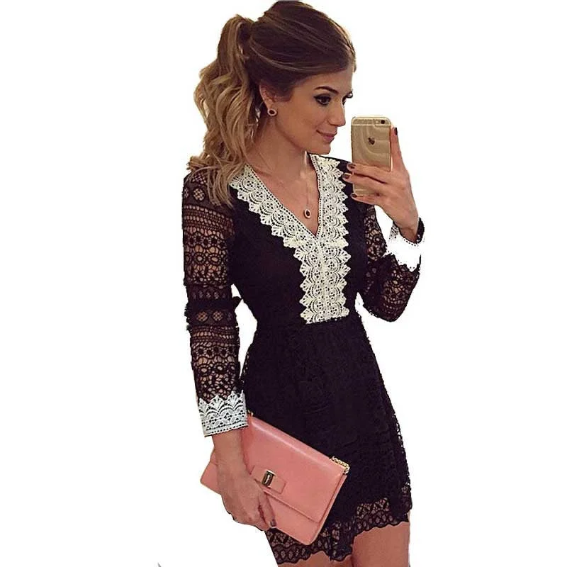 Elegant Long Sleeve Lace Women Dress Slim Waist Vestido De Festa Girls Dresses Crochet VNeck Vintage Female Dress Plus Size Elegant Long Sleeve Lace Women Dress Slim Waist Vestido De Festa Girls Dresses Crochet VNeck Vintage Female Dress Plus Size