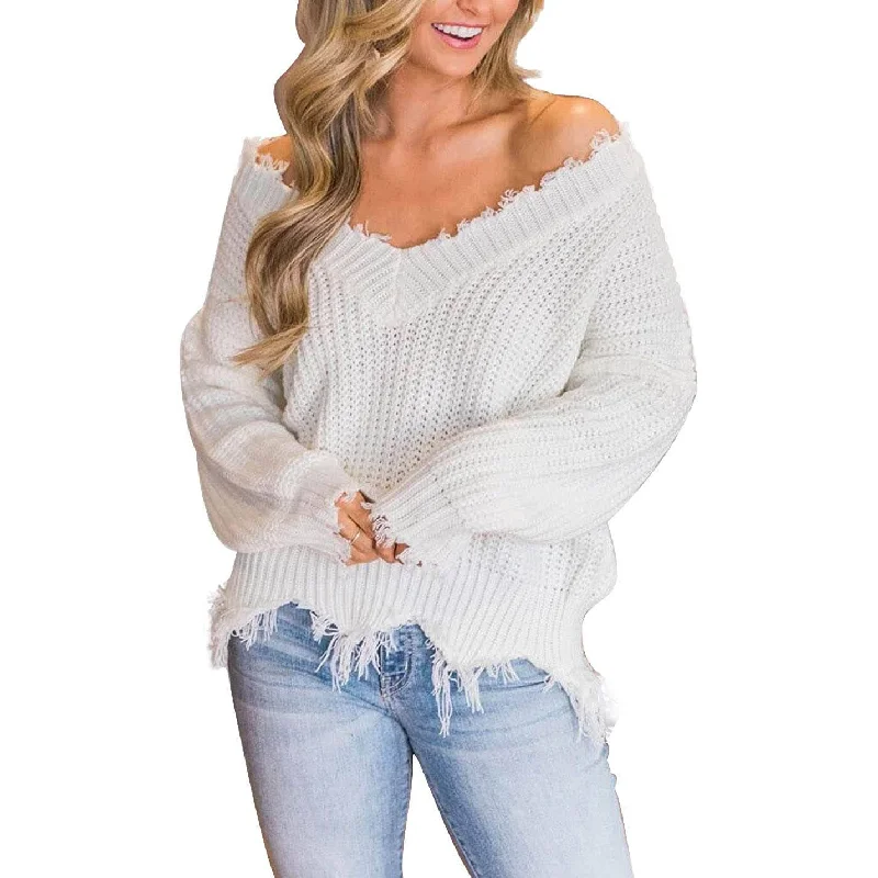 Women's Loose Knitted Sweater Long Sleeve V-Neck Ripped Pullover Sweaters Crop Top Knit Jumper Halter Neck Top Women's Loose Knitted Sweater Long Sleeve V-Neck Ripped Pullover Sweaters Crop Top Knit Jumper Halter Neck Top