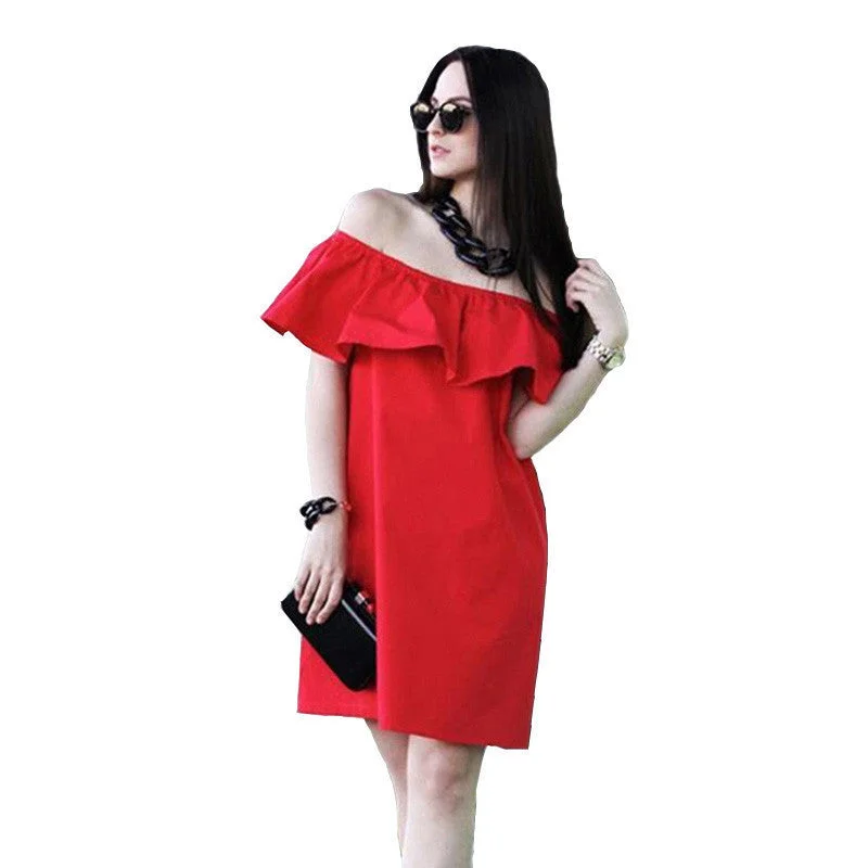 Fashion women Summer strapless Slash Ruffled Strapless Backless the beach style Loose Solid color dress
