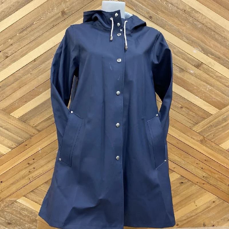 Stutterheim - Women's Mosebacke Long Rain Jacket - MSRP$435: Navy / White-women- Welt Pockets Slit Pockets Flap Pockets Stutterheim - Women's Mosebacke Long Rain Jacket - MSRP$435: Navy / White-women- Welt Pockets Slit Pockets Flap Pockets