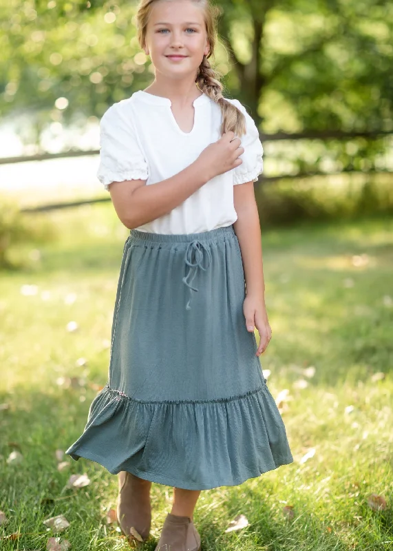 Girls Ruffled Knit Elastic Waist Midi Skirt corduroy skirt durable