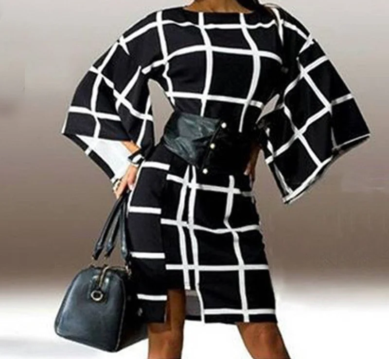 Arrival Fashion Flare Sleeve Plaid Print Loose Dress Women Elegant O Neck Knee Length Autumn Vestidos Dresses Arrival Fashion Flare Sleeve Plaid Print Loose Dress Women Elegant O Neck Knee Length Autumn Vestidos Dresses