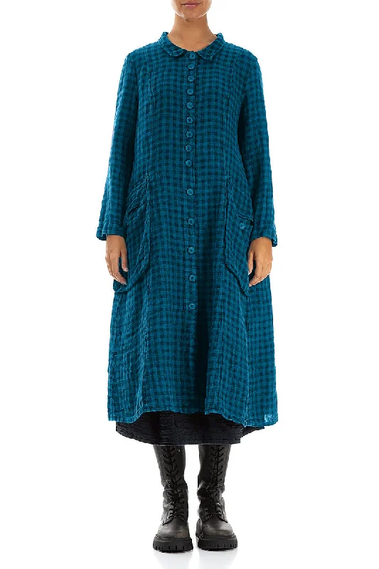 Stylish Long Blue Check Linen Jacket Insulated Jacket Fitted Jacket Loose Jacket