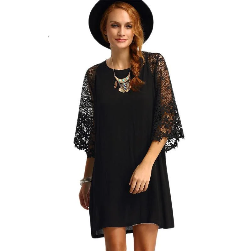 SheIn Womens Summer Shift Dresses Ladies Black Hollow Out Crochet Three Quarter Length Sleeve Round Neck Casual Tunic Dress SheIn Womens Summer Shift Dresses Ladies Black Hollow Out Crochet Three Quarter Length Sleeve Round Neck Casual Tunic Dress
