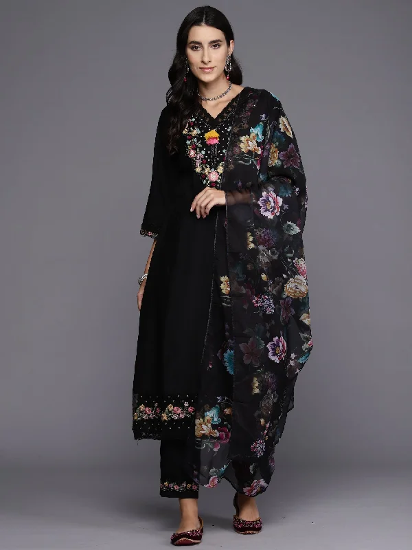 Women Black Embroidered A-Line Kurta Trousers With Dupatta Set Trousers sophisticated sleek Women Black Embroidered A-Line Kurta Trousers With Dupatta Set Trousers sophisticated sleek