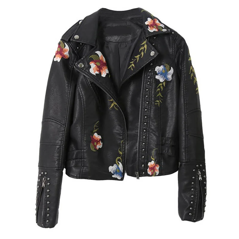 Floral Embroidered Studded Leather Biker Jacket Satin Jacket Silk Jacket Chiffon Jacket Floral Embroidered Studded Leather Biker Jacket Satin Jacket Silk Jacket Chiffon Jacket