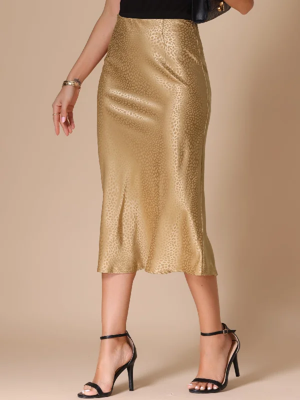 Satin Leopard High Waist Elastic Midi Skirt casual skirt length